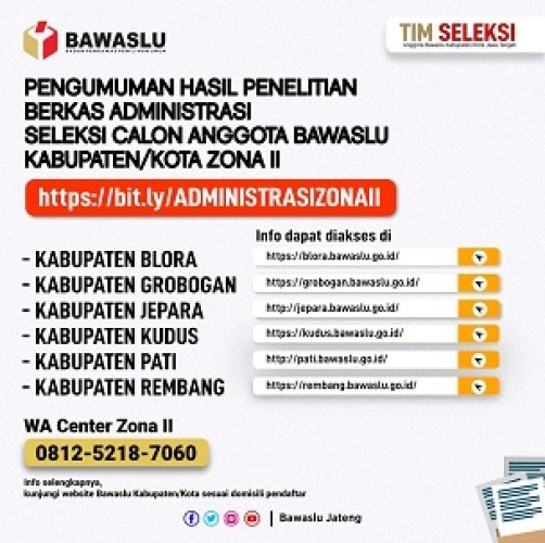 Pengumuman Hasil Penelitian Berkas Administrasi Dan Seleksi Tahap Selanjutnya Calon Anggota Bawaslu Kabupaten/Kota Provinsi Jawa Tengah Zona II