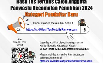 Pengumuman Hasil Tes Tertulis Seleksi Calon Anggota Panwaslu Kecamatan Pemilihan 2024 Kategori Pendaftar Baru